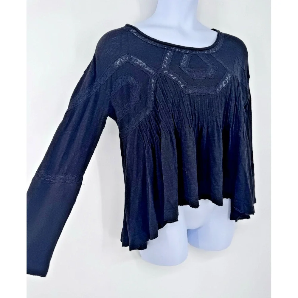 Free People Black Hope Lace Trim Pintuck Pleats Tunic Blouse whimsigoth fairy S